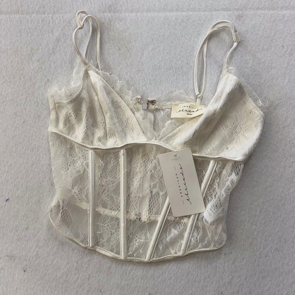 American Threads White Lace Corset bustier Festival Eyelash Trim NWT Small
